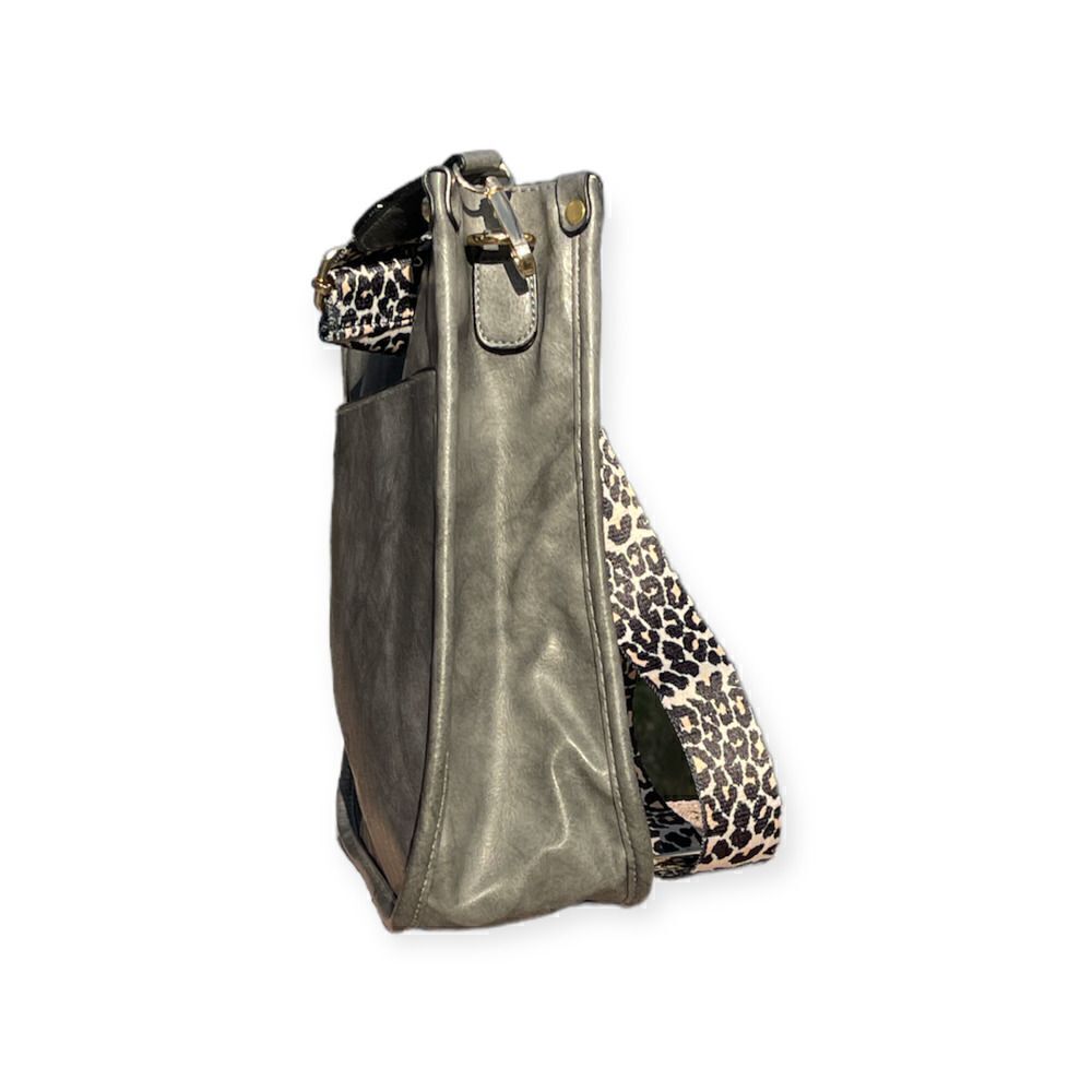Gray Faux Leather Crossbody Bag Leopard Print Adjustable Strap Large Shoulder Pu
